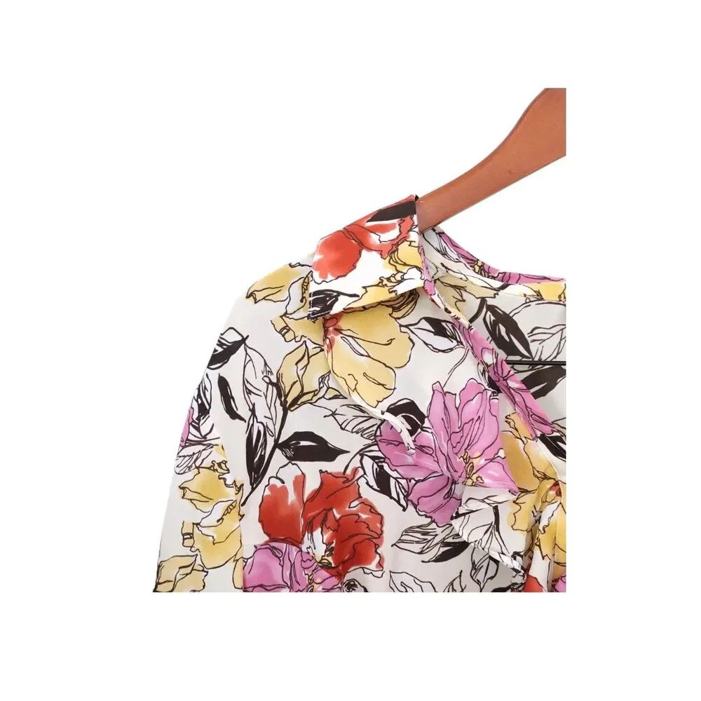JM COLLECTION Pink Floral Ruffled Blouse Long Sleeve Romantic Cottagecore Sz 18